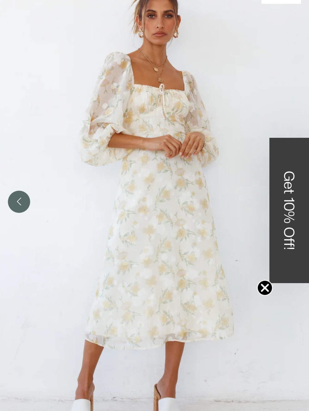 Ivory Floral Puff-Sleeve Midi Dress